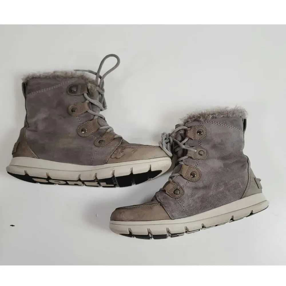 Sorel Explorer Joan Shearling Waterproof Suede Leather Bootie in Gray, sz 9.5